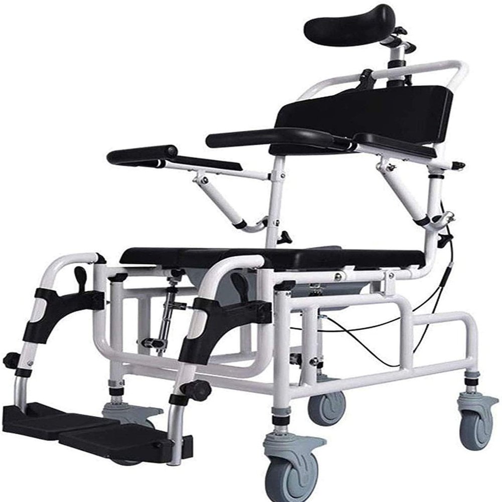 001, Upgraded Shower Chair,Tilt-In-Space Reclining Shower/Toilet Commode Chair, with Padded Seat, Back, Armrests. Flip-Up Arm And Foot Rests, Commode Pail And Adjustable Headrest