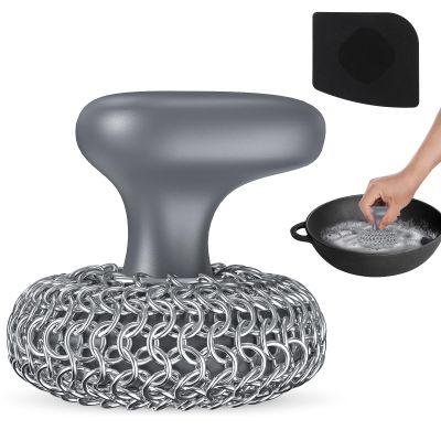 Purgreat Cast Iron Scrubber | Dish Scrub Brush | 316 Cast Iron Cleaner Chainmail Scrubber for Cast Iron Pan Skillet Cleaner - Dish Scouring Pad Dishwasher Safe Cleaning Kit, Grey 02