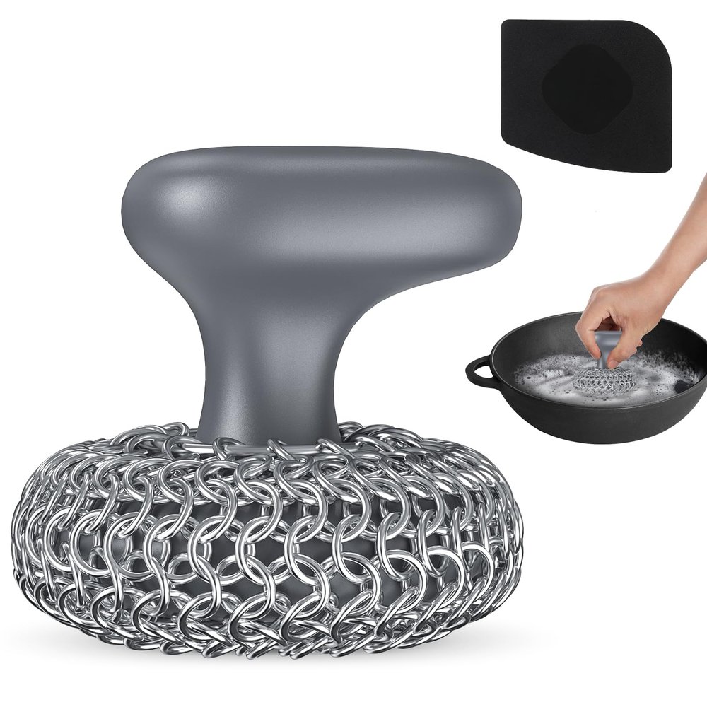 Purgreat Cast Iron Scrubber | Dish Scrub Brush | 316 Cast Iron Cleaner Chainmail Scrubber for Cast Iron Pan Skillet Cleaner - Dish Scouring Pad Dishwasher Safe Cleaning Kit, Grey 02