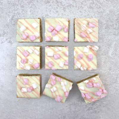 Limited Edition Pink Marshmallow Brownies, Collaboration with Artisan Bakers, Marshmallows on Coloured White Chocolate
