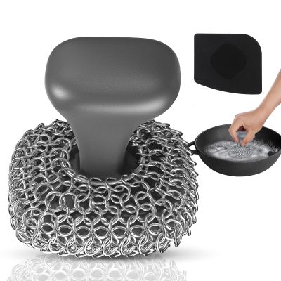 Purgreat Cast Iron Scrubber | Dish Scrub Brush | 316 Cast Iron Cleaner Chainmail Scrubber for Cast Iron Pan Skillet Cleaner - Dish Scouring Pad Dishwasher Safe Cleaning Kit, Grey 03
