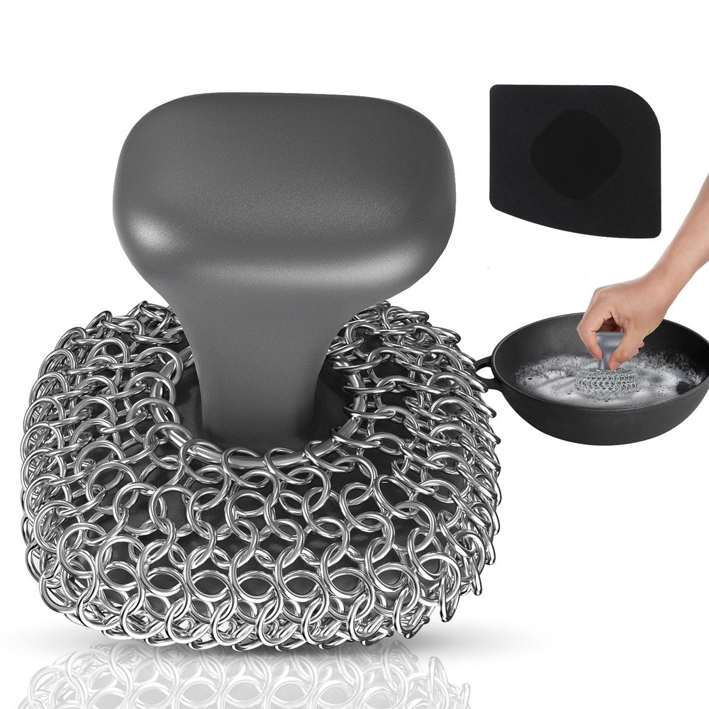Purgreat Cast Iron Scrubber | Dish Scrub Brush | 316 Cast Iron Cleaner Chainmail Scrubber for Cast Iron Pan Skillet Cleaner - Dish Scouring Pad Dishwasher Safe Cleaning Kit, Grey 03