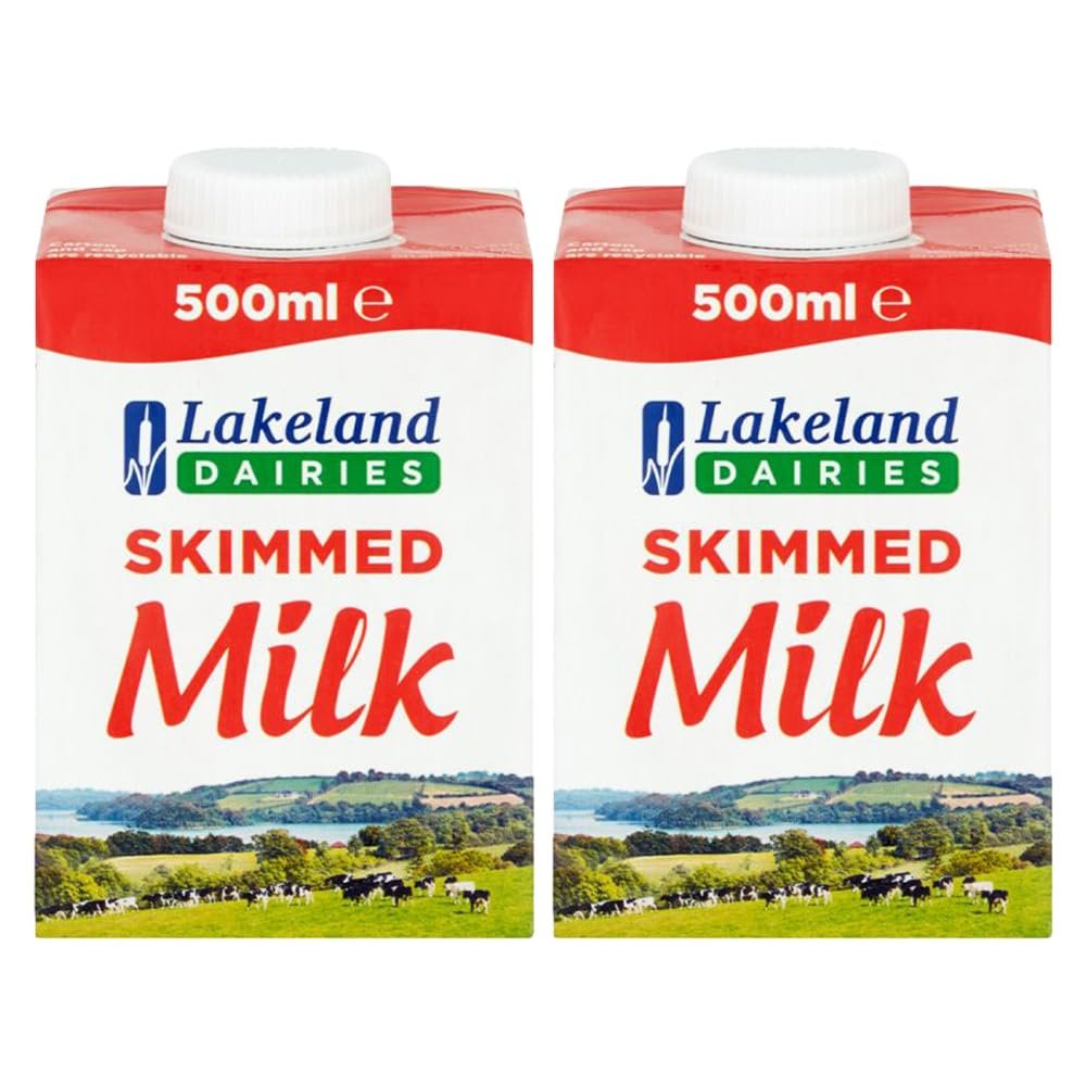 Lakeland UHT Skimmed Milk 500ml Pack of 2 Low Fat 1.25% Long Shelf Life Calcium Dairy Drink Screw Top Multipack Catering Hospitality Office Pantry with Welari Thank You Card | (2pack) (1000ml)