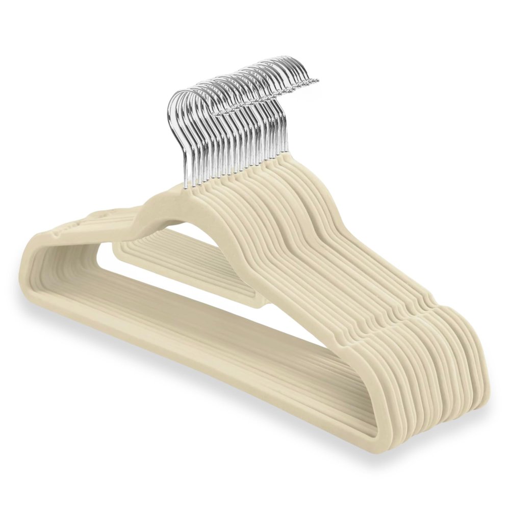 1ABOVE Premium Quality 20 pack Non-Slip Velvet Hangers (44cm) Heavy Duty Velvet Suit Hangers with Tie Bar, 360 Swivel Hooks Space saving, sturdy to hold Jacket, Jumper & Pullover(Set of 20-IVORY)