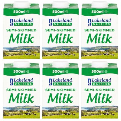 Lakeland UHT Semi Skimmed Milk 500ml Pack of 6 Low Fat 1.5% Long Shelf Life Calcium Dairy Drink Screw Top Multipack Catering Hospitality Office Pantry with Welari Thank You Card | (6pack) (3000ml)
