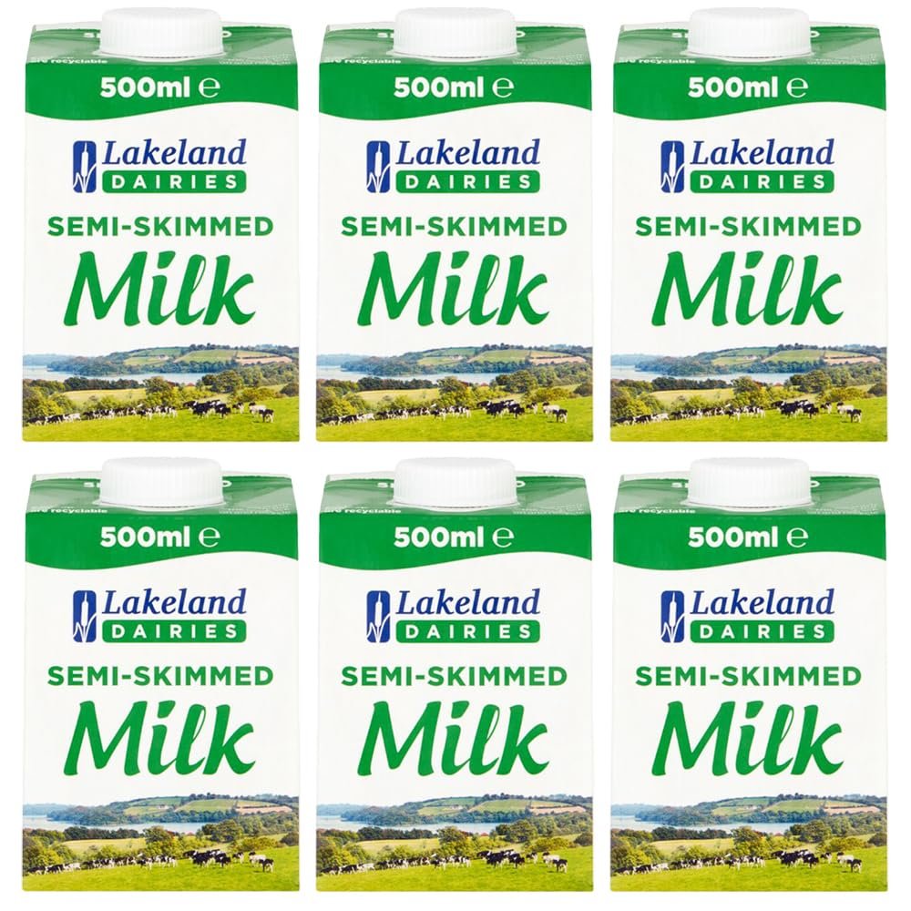 Lakeland UHT Semi Skimmed Milk 500ml Pack of 6 Low Fat 1.5% Long Shelf Life Calcium Dairy Drink Screw Top Multipack Catering Hospitality Office Pantry with Welari Thank You Card | (6pack) (3000ml)