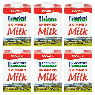 Lakeland UHT Skimmed Milk 500ml Pack of 6 Low Fat 1.25% Long Shelf Life Calcium Dairy Drink Screw Top Multipack Catering Hospitality Office Pantry with Welari Thank You Card | 6pack) (3000ml)