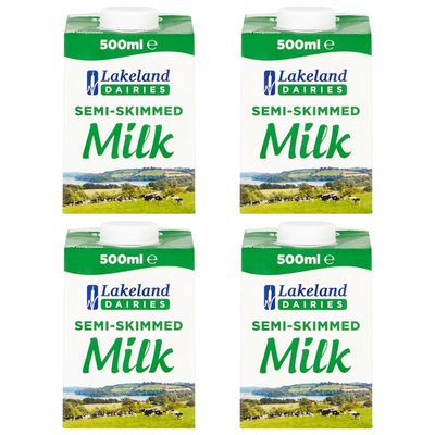 Lakeland UHT Semi Skimmed Milk 500ml Pack of 4 Low Fat 1.5% Long Shelf Life Calcium Dairy Drink Screw Top Multipack Catering Hospitality Office Pantry with Welari Thank You Card | (4pack) (2000ml)