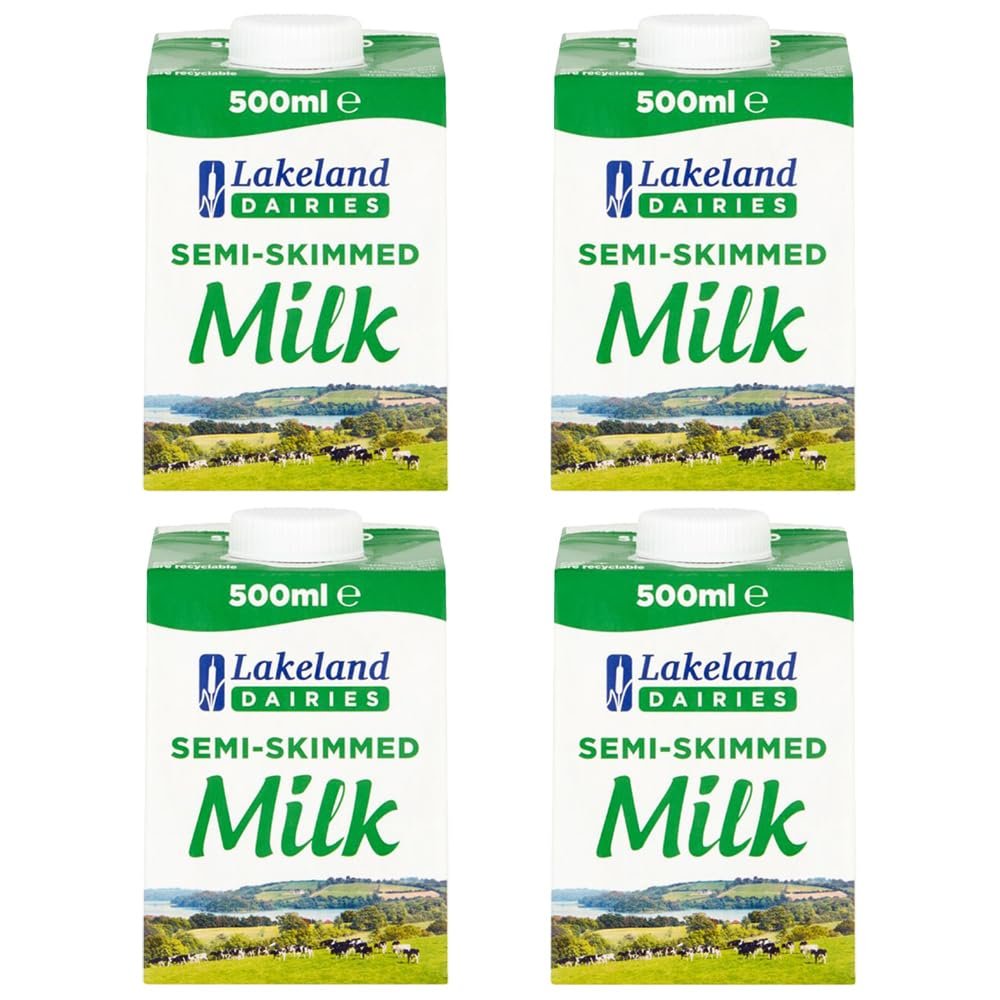 Lakeland UHT Semi Skimmed Milk 500ml Pack of 4 Low Fat 1.5% Long Shelf Life Calcium Dairy Drink Screw Top Multipack Catering Hospitality Office Pantry with Welari Thank You Card | (4pack) (2000ml)