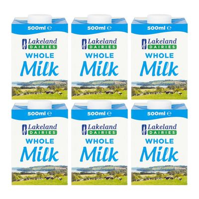 Lakeland UHT Whole Milk 500ml Pack of 6 Full Fat 3.5% Long Shelf Life Calcium Dairy Drink Screw Top Multipack Catering Hospitality Office Pantry with Welari Thank You Card | (6pack) (3000ml)