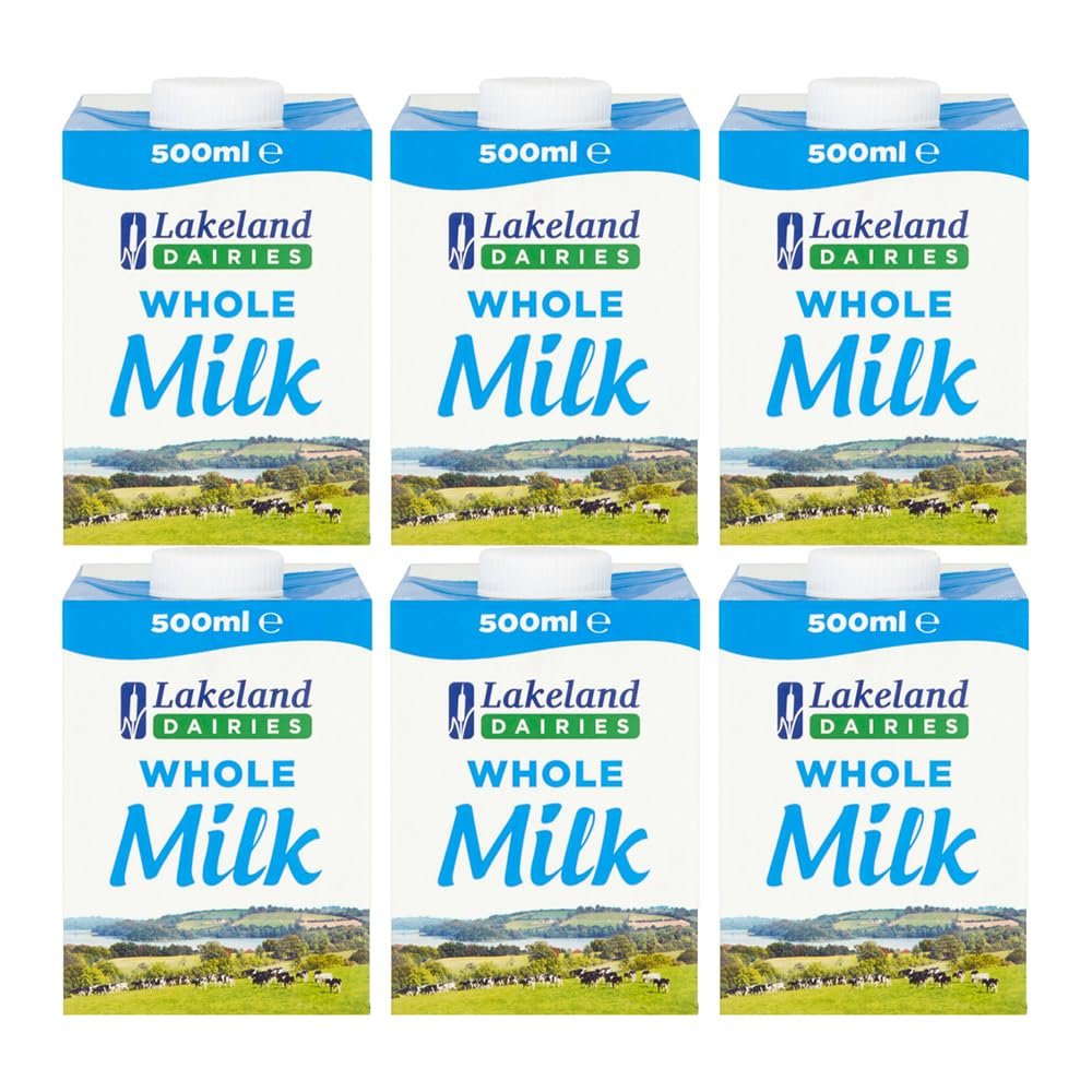 Lakeland UHT Whole Milk 500ml Pack of 6 Full Fat 3.5% Long Shelf Life Calcium Dairy Drink Screw Top Multipack Catering Hospitality Office Pantry with Welari Thank You Card | (6pack) (3000ml)
