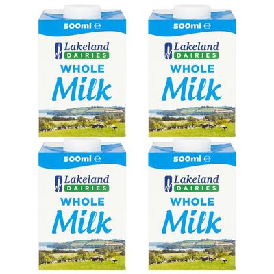 Lakeland UHT Whole Milk 500ml Pack of 4 Full Fat 3.5% Long Shelf Life Calcium Dairy Drink Screw Top Multipack Catering Hospitality Office Pantry with Welari Thank You Card | (4pack) (2000ml)