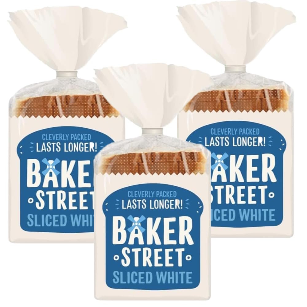 Baker Street Sliced White Bread 14 Slices 550g Pack of 3 Medium Sliced No Crust Toast Soft Loaf Long Life with Welari Thank You Card | (3pack) (1650g)