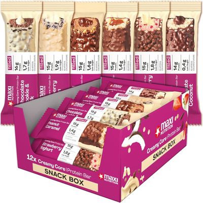 MaxiNutrition Creamy Core Bar Mix Box Variety pack (12 Bar x 45 g) 2 X 6 Flavours of bars, over 14g Protein per bar, Each with 195 calories or lower, No Added Sugar, No Artificial Flavours