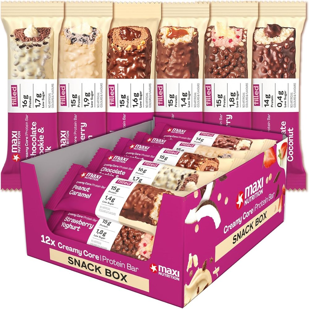 MaxiNutrition Creamy Core Bar Mix Box Variety pack (12 Bar x 45 g) 2 X 6 Flavours of bars, over 14g Protein per bar, Each with 195 calories or lower, No Added Sugar, No Artificial Flavours