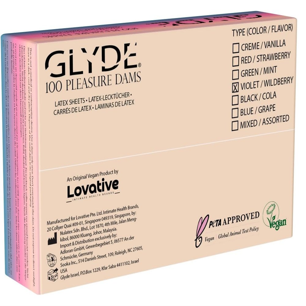 Glyde Dams Wildberry - 100 Latex Protective Wipes - Purple Coloured - Lick Cloths with Wild Berry Fragrance, purple, 25cm x 15cm