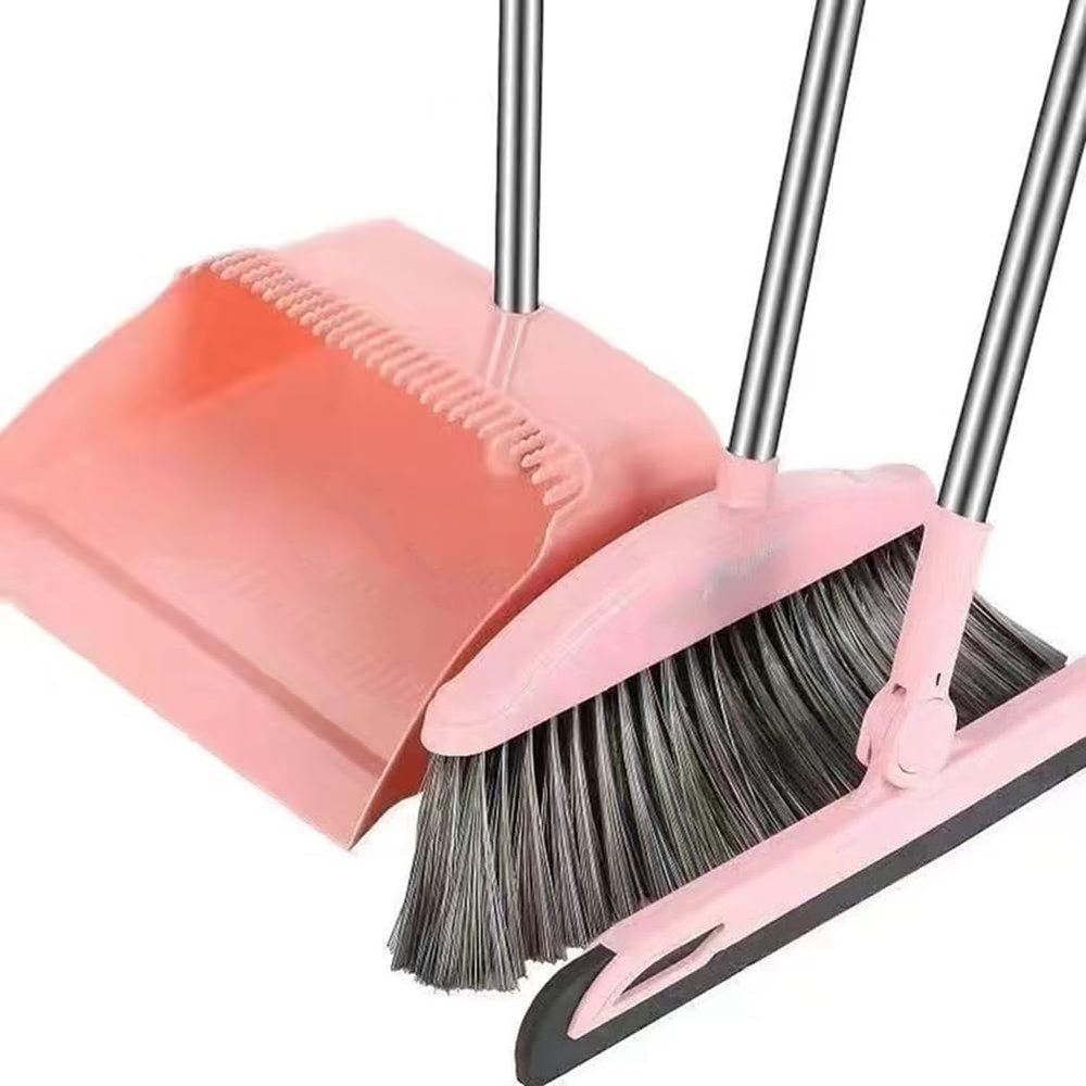 Paociuro Dustpan Broom Set Floor Wiper Household Cleaning Long Handle Cleaning Set for Lobby Household Kitchen Cleaning Easy Install Easy to Use Pink