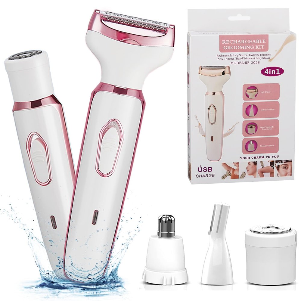 4 in 1 Electric Lady Shaver, USB Rechargeable Painless Razor Bikini Trimmer Shaver Razor Set for Women, Wet and Dry Hair Removal for Face Legs Underarm Nose and Eyebrow