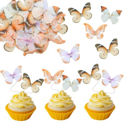 24Pcs Lively 3D Butterfly Cupcake Toppers Double Layer Butterfly Decorations for Girls Women's Happy Birthday Wedding Party Cake Wall Party Food Decorations Yellow