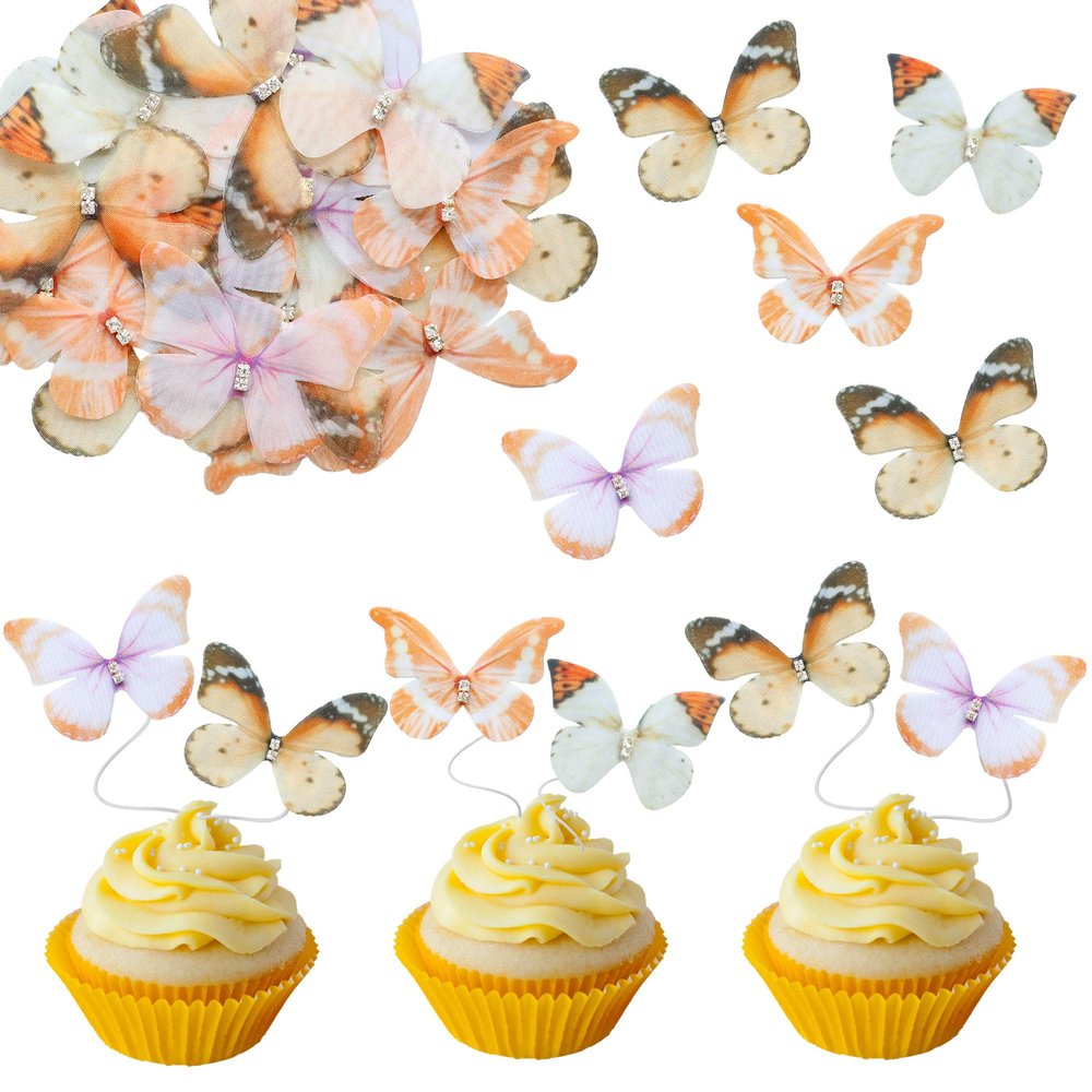 24Pcs Lively 3D Butterfly Cupcake Toppers Double Layer Butterfly Decorations for Girls Women's Happy Birthday Wedding Party Cake Wall Party Food Decorations Yellow