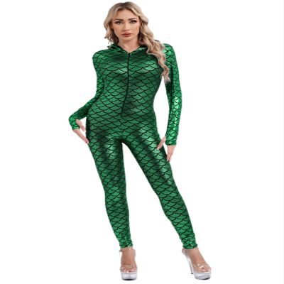 CHICTRY Womens Sexy Metallic Fish Scales Catsuit Long Sleeve Wetlook Hooded Bodysuit Mermaid Costume Dark Green XL