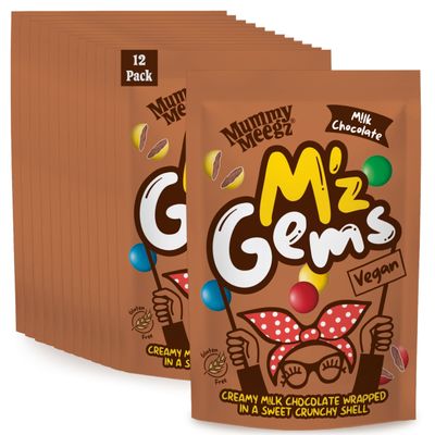 Mummy Meegz Mz Gems Chocolate Flavour Case Pack of 12 Sharing Bags (80g Each) - Vegan Chocolate Sweets with Creamy Centre & Crunchy Shell, No Palm Oil