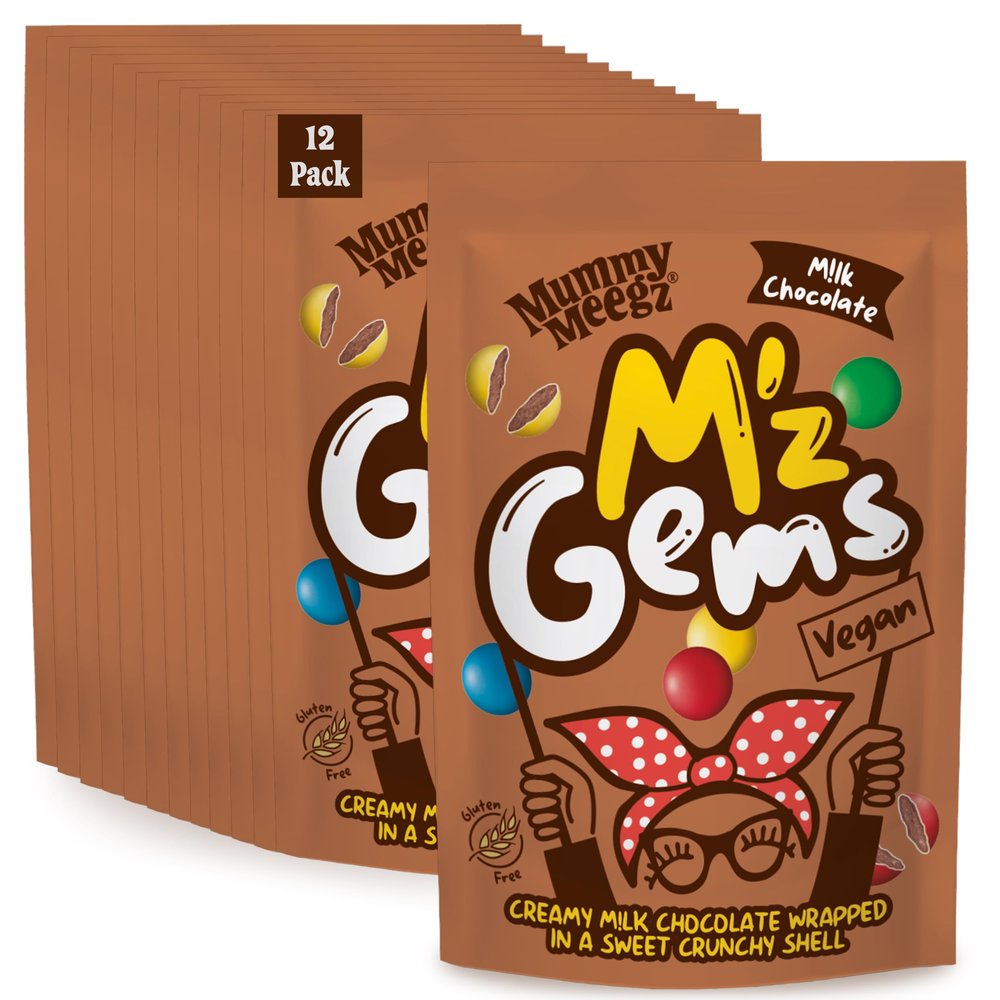 Mummy Meegz Mz Gems Chocolate Flavour Case Pack of 12 Sharing Bags (80g Each) - Vegan Chocolate Sweets with Creamy Centre & Crunchy Shell, No Palm Oil