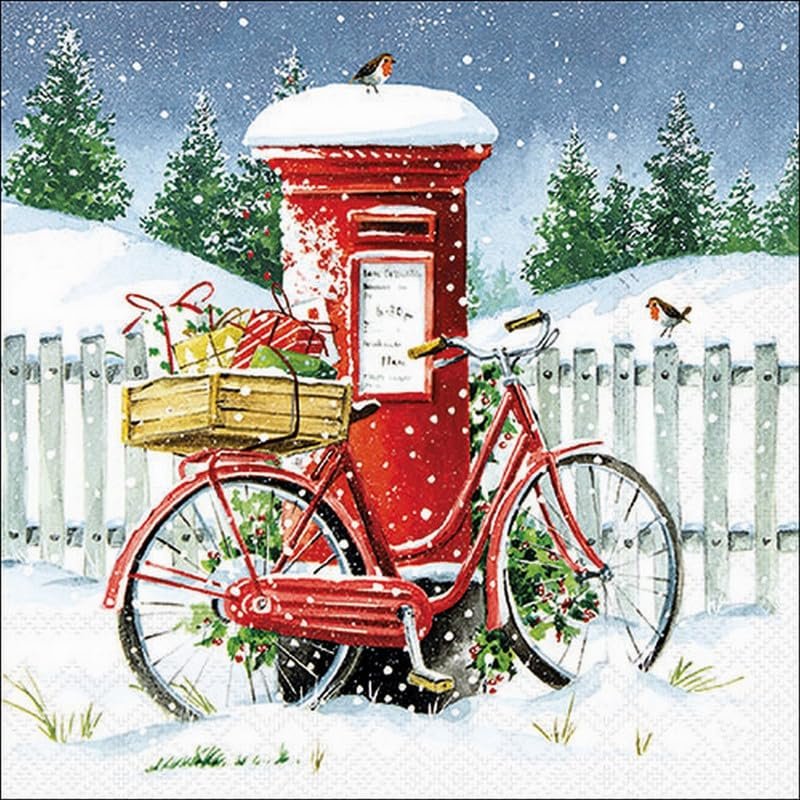 20 Napkins Winter Bicycle with Winter Post as Table Decoration Paper Napkins with Motif Also for Decoupage and Decoupage 33 x 33 cm