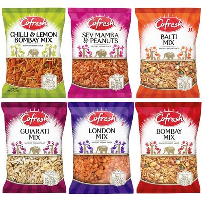 Indian Savoury Snack Bundle Pack with Cofresh Chilli & Lemon Bombay Mix, Sev Mamra & Peanuts Mix, Balti Mix, Gujarati Mix, London Mix, Bombay Mix (Each 200g - 1 Pack) | Total - 6 Pack