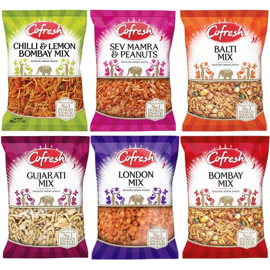 Indian Savoury Snack Bundle Pack with Cofresh Chilli & Lemon Bombay Mix, Sev Mamra & Peanuts Mix, Balti Mix, Gujarati Mix, London Mix, Bombay Mix (Each 200g - 1 Pack) | Total - 6 Pack
