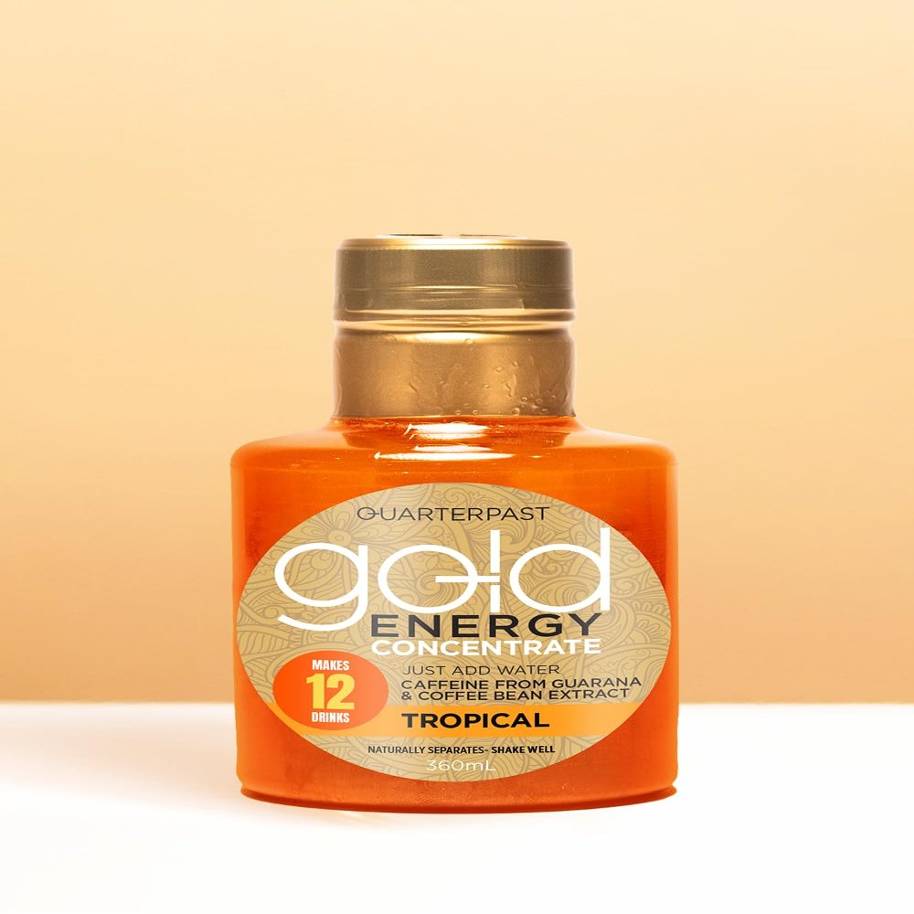 QUARTERPAST Gold Energy Drink Concentrate. All-Natural Caffeine Kick, Just Add Water. Quick Easy Alternative to Traditional Energy Drinks. One Bottle Makes 12 Drinks. Vegan Friendly. (360ml, Tropical)