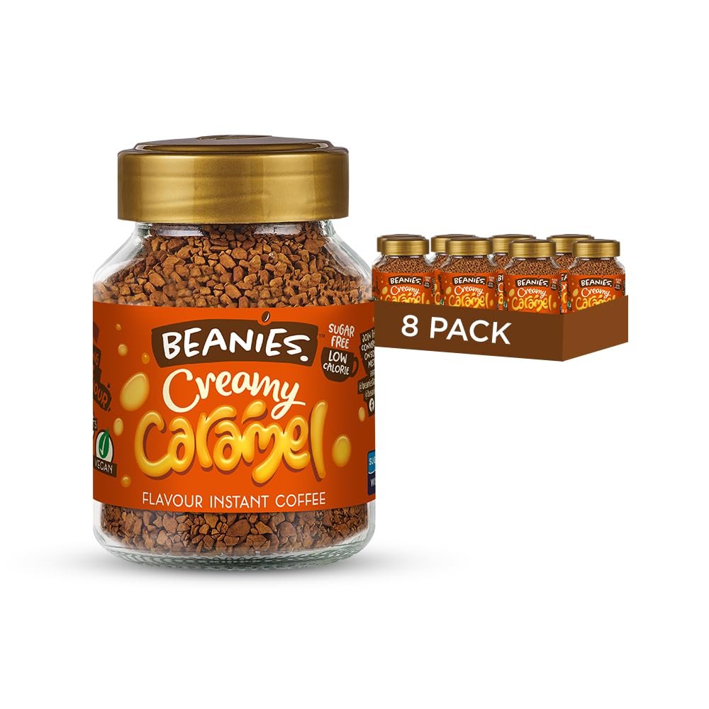 Beanies Instant Coffee Creamy Caramel Flavour, 400g 50g x 8 Pack - Sugar Free Instant Coffee, Plant Based Friendly, Rich Caramel Taste, Balanced Healthy Choice