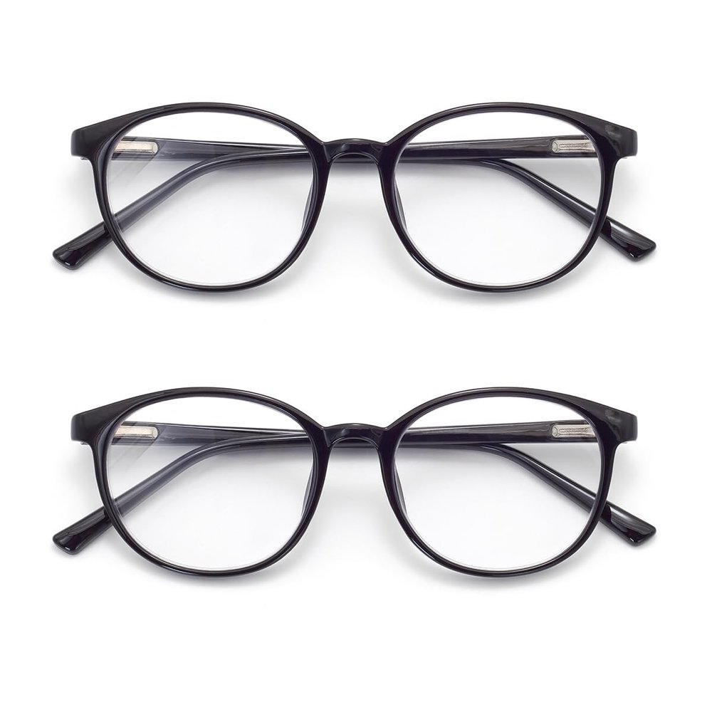 FoxMook Blue Light Blocking Glasses, Round Frame, Computer Lenses, Spring Hinge, Premium Lenses for Eye Strain Relief, C1, 2 Black, One Size