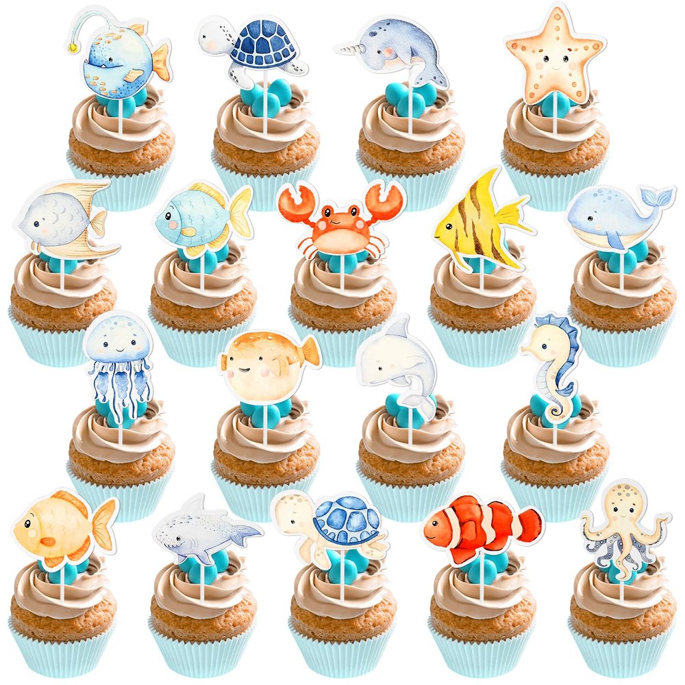 36PCS Under the Sea Cake Decorations, Mermaid Cupcake Toppers,Ocean Animal Cake Decorations for Under the Sea Theme Baby Shower Supplies Birthday Party