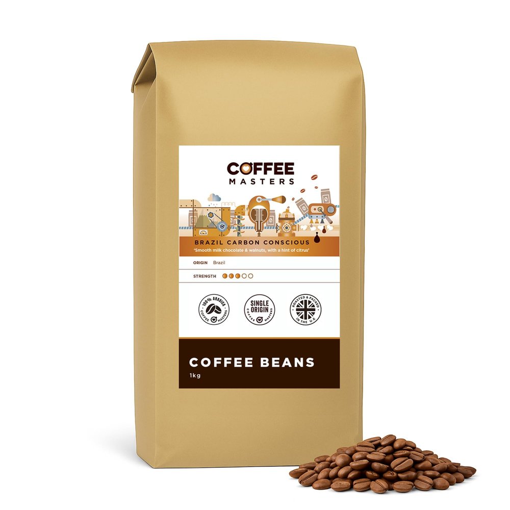 Coffee Masters Brazil Carbon Conscious Coffee Beans 1kg - Single Origin 100% Arabica for a Heavy Bodied Creamy Espresso - Medium Roasted Brazilian Bean Ideal for Barista Machines