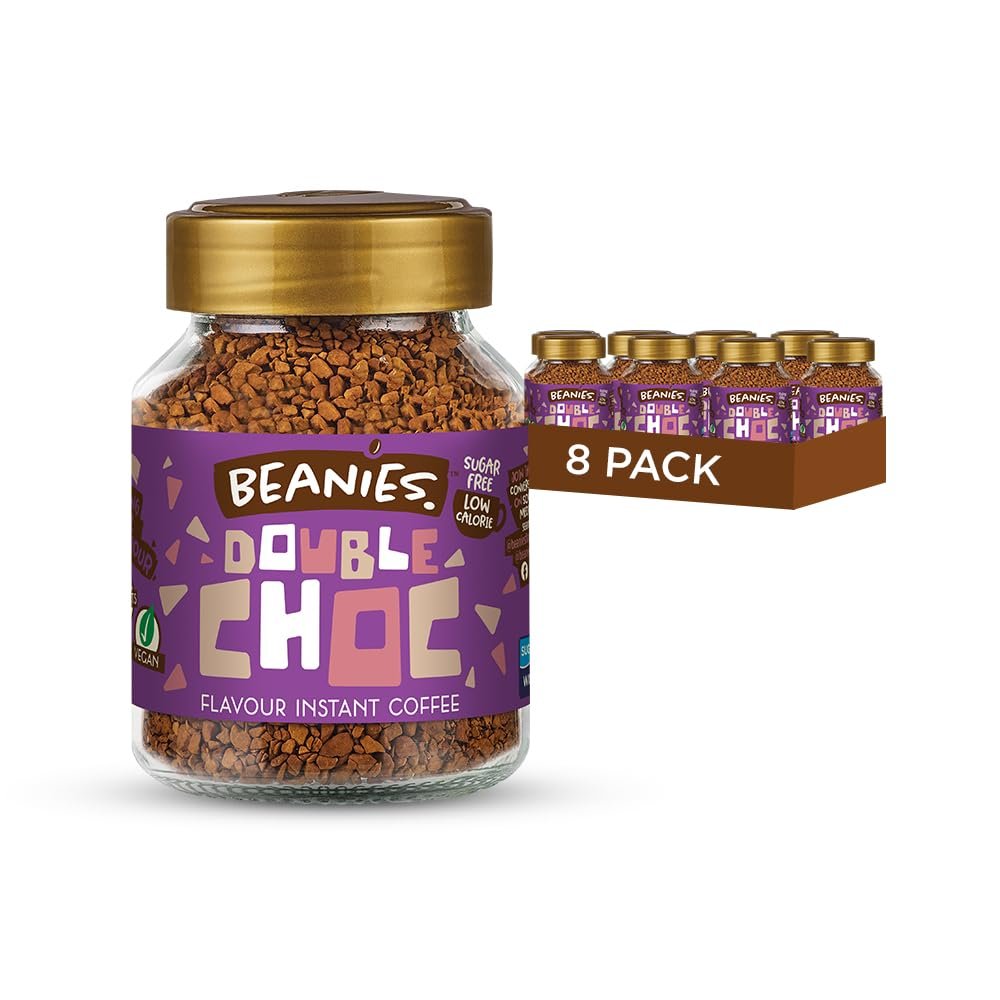 Beanies Instant Coffee Double Chocolate Flavour, 400g 50g x 8 Pack - Freeze Dried Coffee, Sugar Free Low Calorie Drink, Vegan Friendly, Rich Taste with Wellness Focus