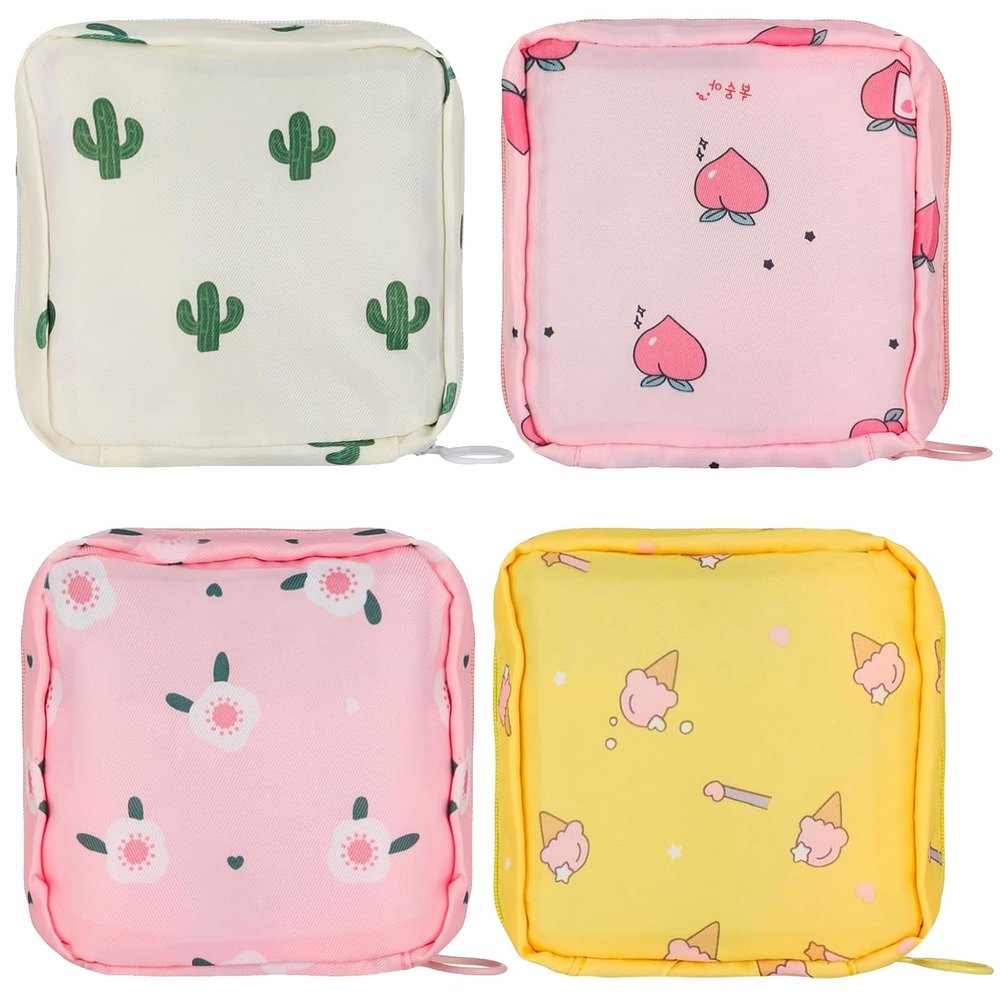 4 PCS Sanitary Pad Storage Bag, Period Bag with Zipper, Small Cute Period Pouch for Purse Tampon Pad Holder Portable Period Bag for School, for Female Girls