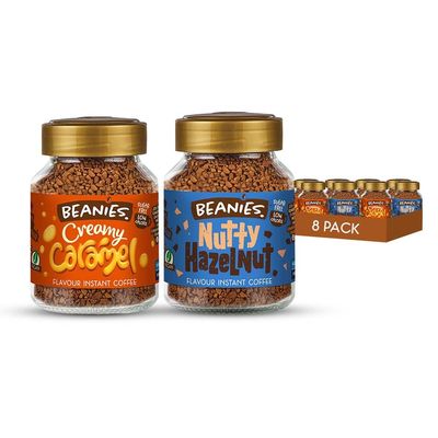 Beanies Instant Coffee Creamy Caramel x 4 Nutty Hazelnut x 4, 400g 50g x 8 Pack - Sugar Free Coffee, Low Calorie Drink, Vegan Friendly, Smooth Flavour Mix