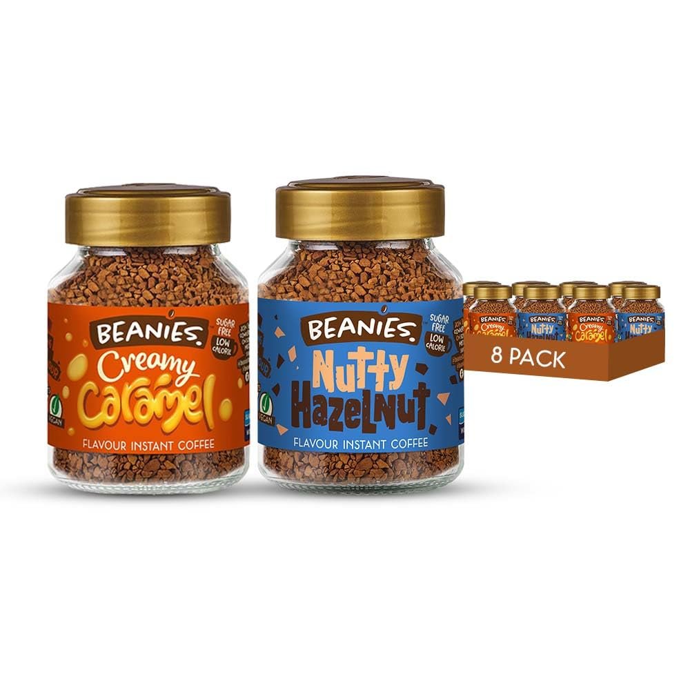 Beanies Instant Coffee Creamy Caramel x 4 Nutty Hazelnut x 4, 400g 50g x 8 Pack - Sugar Free Coffee, Low Calorie Drink, Vegan Friendly, Smooth Flavour Mix