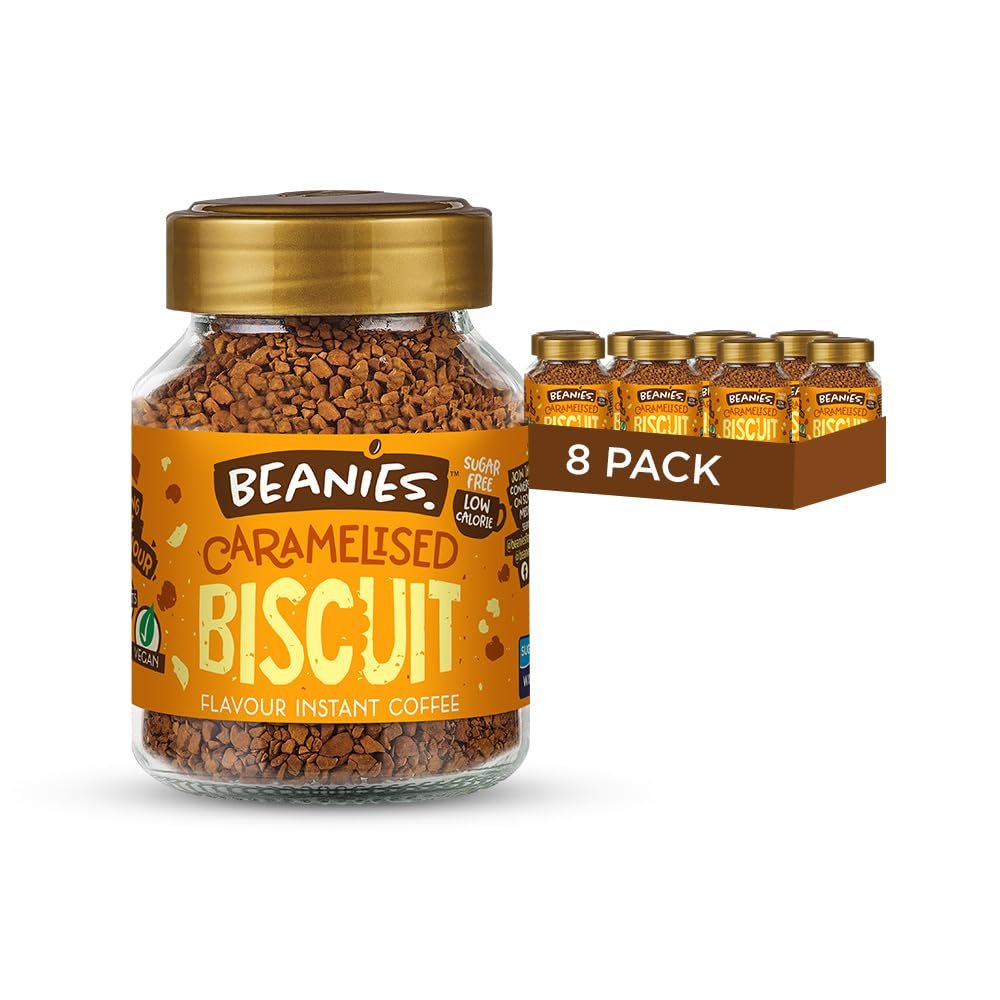 Beanies Instant Coffee Caramelised Biscuit Flavour, 400g 50g x 8 Pack - Sugar Free Coffee, Low Calorie Beverage, Vegan Friendly, Light Treat Taste, Freeze Dried Easy Brew