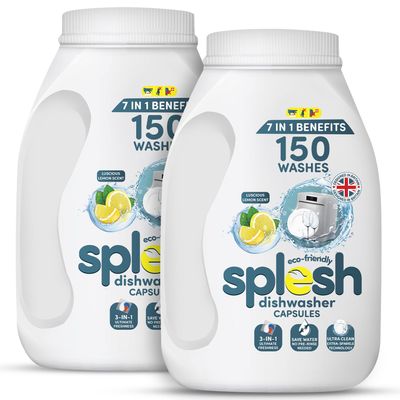 Splesh 3 in 1 Ultimate Freshness Dishwasher Tablets, Lemon Scent Ultra Clean No Pre Rinse Needed Dishwashing Capsules, Extra Sparkle Tough on Stain and Grease Washing Up Tablet, 2x150W