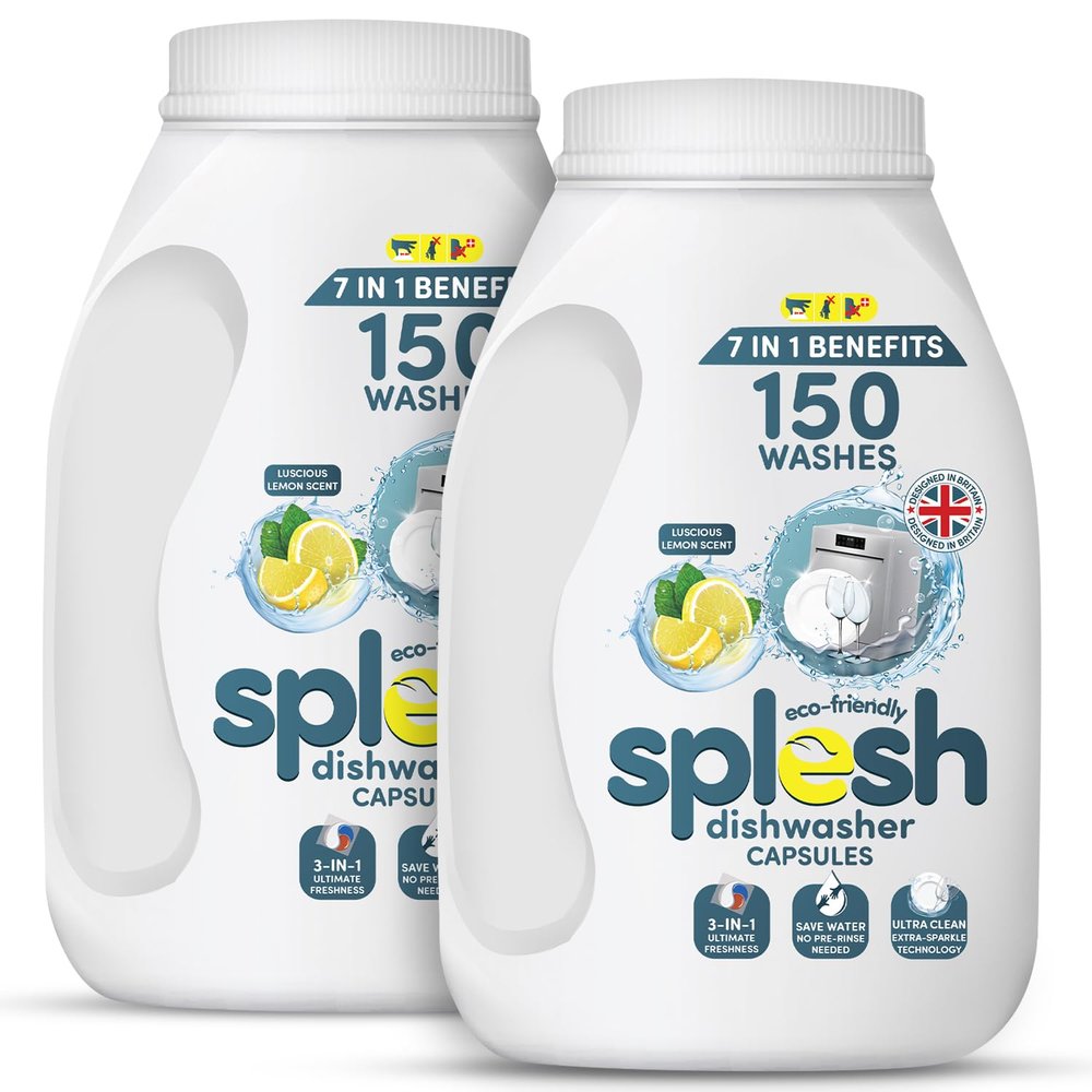 Splesh 3 in 1 Ultimate Freshness Dishwasher Tablets, Lemon Scent Ultra Clean No Pre Rinse Needed Dishwashing Capsules, Extra Sparkle Tough on Stain and Grease Washing Up Tablet, 2x150W