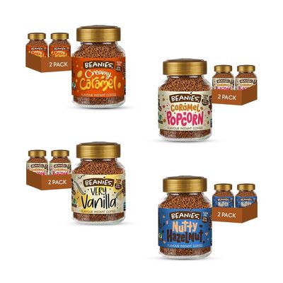 Beanies Instant Coffee Flavoured Creamy Caramel, Very Vanilla, Caramel Popcorn, Nutty Hazelnut, 400g (50g x 8 Pack) - No Added Sugar Coffee, Low Calorie Drink, Vegan, Vegetarian Friendly