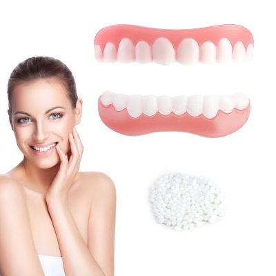 1 Pair Instant Veneers Dentures Fake Teeth Top and Bottom, Dentures Silicone White Teeth Clip on Veneers Teeth with Hot Melt Beads, False Teeth Veneers Upper and Lower for Men Women