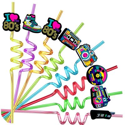 24pcs 80s Party Favors Retro Straws Hip Hop Themed 80s Music Party Decorations Straws 80s Radio Speaker Phone Tape Straws Party Supplies With 2 Brushes 8 Color straws