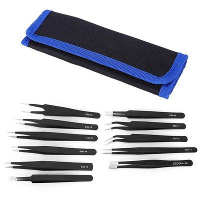 ANKROYU 11PCS Tweezers Canvas Bag Set, Stainless Steel Accuracy Tweezers, Straight Ebow Anti Static Tool for Digital Maintenance
