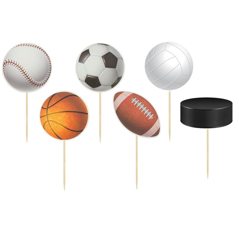 30 Pack Sports Cupcake Toppers Baseball Rugby Volleyball Hockey Cupcake Picks Basketball Toothpicks Soccer Football Cake Decor for Boy Happy Birthday For Sports Ball Game Theme Party Decoration