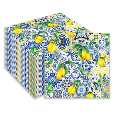 100Pcs Lemon Party Paper Napkins Party Napkins Disposable Blue Tiles Print Lemon Guest Towels for Birthday Wedding Kitchen Bathroom Decorations Tableware