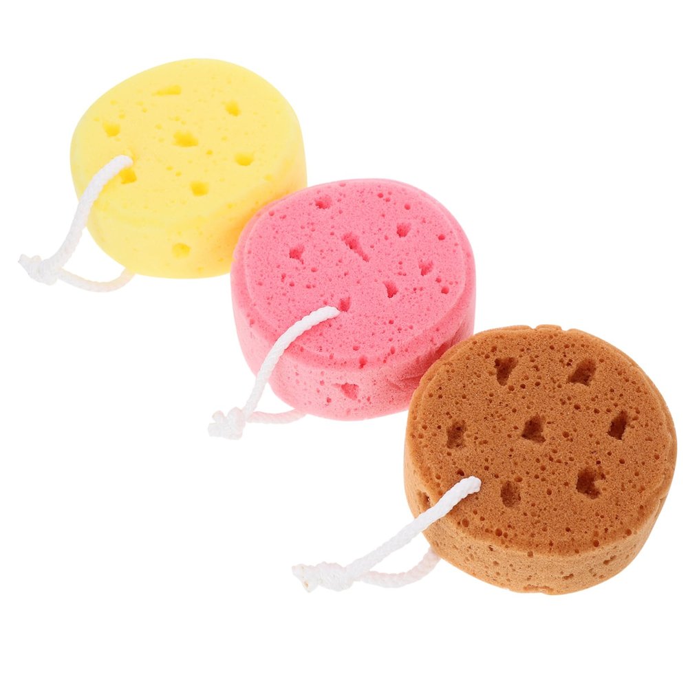 GRIRIW 3pcs Exfoliating Bath Sponge Shower Scrubber Set, Round Body Cleaning Sponge with Algae Fiber, Soft Honeycomb Texture for Boys and Girls and Adults, Suitable for Daily Bathing