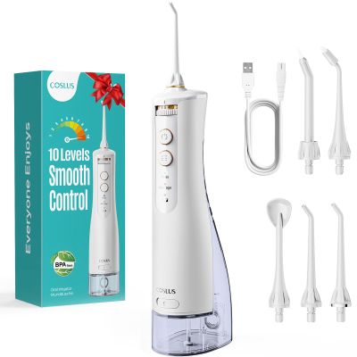 COSLUS E40 Water Flosser for Teeth Cordless: 2 Modes & 10 Levels Irrigador Dental for Orthodontic & Braces & Sensitive Gums - Portable for Adults Teens Travel Home Use with 5 Jet TipsWhite